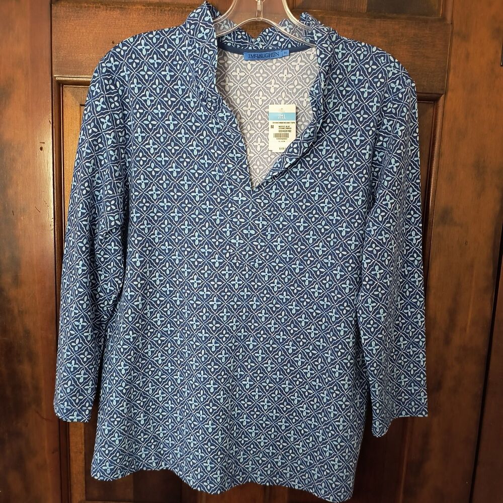 J. McLaughlin Tunic Top NEW M Blue Catalina Cloth Sahara Stretch Coastal Travel